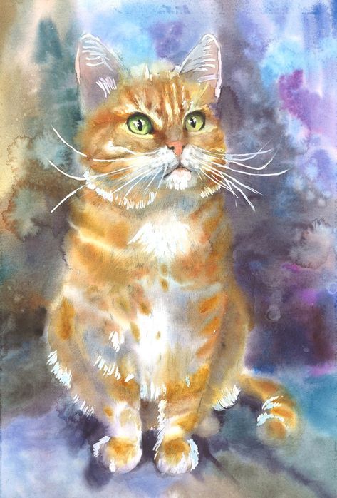 Watercolour Animals, Orange Kitten, Ginger Kitten, Rooster Painting, Orange Kittens, Bird Watercolor Paintings, Wall Art Red, Tiger Painting, Rooster Art