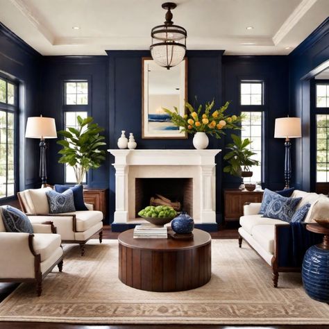 Elegant living room with navy walls, white fireplace, and cozy seating arranged around a wooden coffee table. Colonial Contemporary Interior, Living Room Colonial Modern, Colonial House Bedroom, Colonial Modern House Interior Design, Minimal Colonial Style, Minimalist Colonial Interior Design, Traditional Colonial Interior, Colonial Modern Interior, New Colonial Interior Design