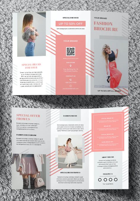 Fashion Tri-Fold Brochure Template INDD Church Brochures, Brochure Folds, Booklet Layout, Brochure Graphic, Brochure Design Layout, Trifold Brochure Design, Advertising And Marketing, Free Brochure, Pamphlet Design