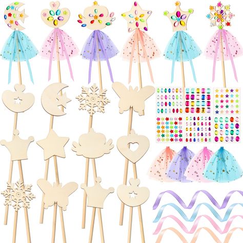 PRICES MAY VARY. Nice Combination: the package contains 16 unfinished wooden princess wands in 8 different shapes, 6 gemstone stickers in different styles and colors, 4 ribbons in different colors, including pink, purple, blue and light salmon, and 8 meshes, sufficient quantity and exquisite style to meet your needs of designing your favorite fairy stick in the event Quality Material: these DIY princess wands are made of wood materials, with smooth surfaces, clean and straight, without wood thor Tinkerbell Party Theme, Christmas Party Accessories, Gem Stickers, Princess Crafts, Cinderella Birthday Party, Butterfly Crown, Fairy Garden Birthday Party, Decor For Halloween, Princess Theme Birthday