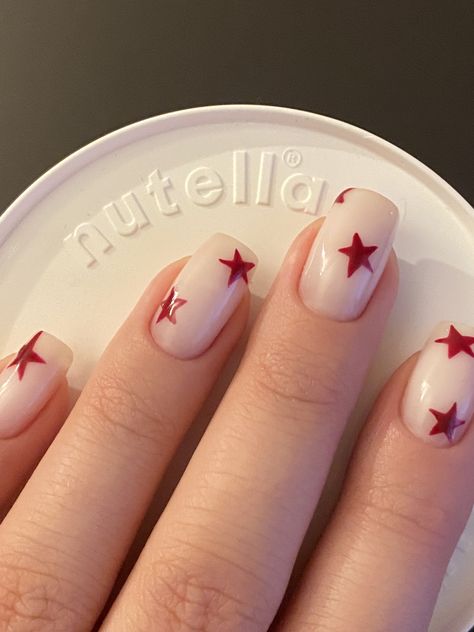 Val Nails Valentines Day, Small Star Nails, Kpop Nails Designs Stray Kids, Dark Red Nails With Stars, Short Nails Ideas Aesthetic, Gel Short Nails Ideas, Lovecore Nails, Love On Tour Nail, White Nails With Stars