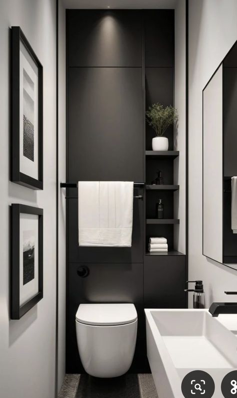 Stylish Small Bathroom Ideas, Small Guest Toilet Design, White And Black Half Bathroom, Small Townhouse Ideas, Toilet Small Space, Toilet Room Design Ideas, Small Guest Half Bathroom Ideas, Long Narrow Half Bathroom Ideas, Small Bathroom Remodel Black And White