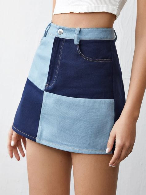 Two Tone Outfit Fashion, Denim Skirt Ideas, Two Tone Skirt, Chique Outfit, Diy Jeans, Diy Fashion Clothing, Denim Diy, Jeans Rock, Looks Chic