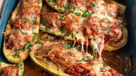 Meatball Marinara-Ish Stuffed Zucchini Boats Recipe Meatball Zucchini, Meatballs And Marinara Sauce, Meatballs And Marinara, Zucchini Boats Recipe, Recipe Meatballs, Zucchini Boat, Meatball Marinara, Zucchini Boat Recipes, Savory Meatballs