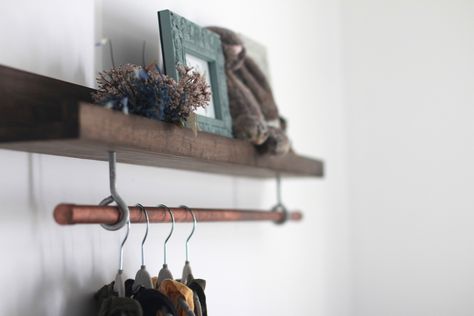 Floating Shelf With Clothes Rod, Floating Shelf With Hanging Rod, Diy Shelf With Hanging Rod, Nursery Dark Green, Curtain Rod Shelf, Shelf With Rod, Shelf With Hanging Rod, Shelf Curtain, Diy Shelves Easy