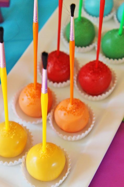 Kara's Party Ideas Art Themed Eigth Birthday Party Art Party Ideas, Rainbow Cake Pops, Paint Spill, Cake Styling, Pop Cakes, Painting Birthday Party, Drink Topper, Pop Ideas, Birthday Party Treats