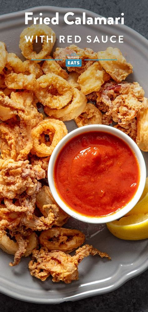 Fried Calamari Sauce, Calamari Sauce, Red Sauce Recipe, Calamari Recipes, Italian Seafood Recipes, Fried Calamari, Food Appetizers, Red Sauce, Seafood Dinner