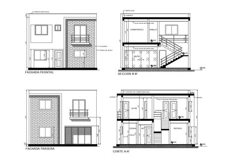 2 storey house with elevation and section in AutoCAD drawing which provides detail of front elevation, back elevation, section details, detail of doors and windows, etc.. House Section, Two Storey House Plans, Two Story House Design, Narrow Lot House, Flat Roof House, 2 Storey House Design, Narrow Lot House Plans, Architecture Drawing Plan, 2 Storey House