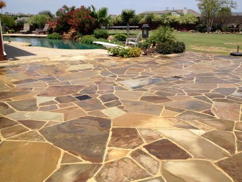 Oklahoma Flagstone Patio Oklahoma Flagstone, Patio Yard Ideas, Stained Concrete Floors, Flagstone Path, Patio Steps, Patio Slabs, Cheap Patio, Stamped Concrete Patio, Flagstone Patio