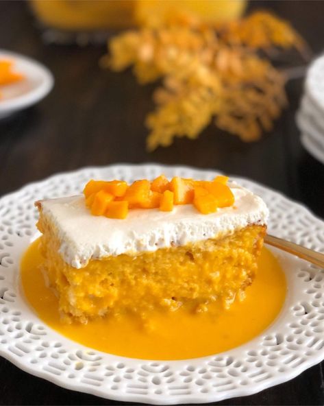 Cardamom-scented Mango Tres Leches Cake | Mango Tres Leches Cake, Mango Tres Leches, Mexican Tres Leches Cake, Alphonso Mango, Mango Ice Cream Recipe, Mexican Cake, Tres Leches Cake Recipe, Royal Cakes, Make Ahead Desserts