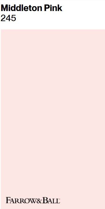 Farrow & Ball Middleton Pink paint color swatch. #middletonpink #pinkpaintcolors Farrow Ball Middleton Pink, Ballet Slippers Paint Color, Middleton Pink Farrow And Ball, Pink Colour Swatch, Light Pink Paint Colors, Colors For Front Doors, Pink Wall Paint, Pink Swatches, Pink Paint Color