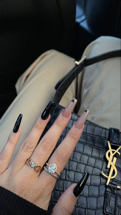 Black Coffin Nails, Black Acrylic Nails, Nails Nude, Punk Nails, Goth Nails, Grunge Nails, Simple Acrylic Nails, Black Hearts, Pretty Gel Nails