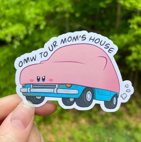 Head over to your mom's house with this cursed Kirby Sticker! 🚙 These stickers are about 2.5 inches. They are also tear and water-resistant with bold colors. Empowering Wallpaper, Cursed Kirby, Kirby Stickers, Round Objects, Shark Stuff, Small Trinkets, Kirby Art, Room Ideas Aesthetic, Funny Sticker