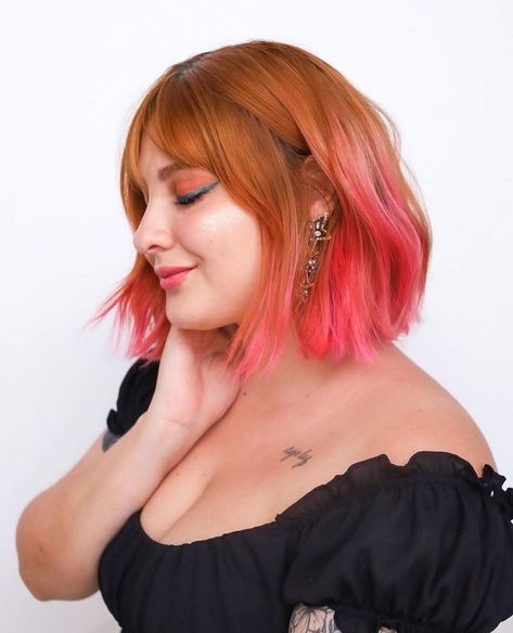 Copper Hair Pink Money Piece, Ginger Hair With Pink, Ginger Pink Hair, Copper And Pink Hair, Ginger And Pink Hair, Orange And Pink Hair, Peachy Hair Color, Pink And Orange Hair, Color Block Hair