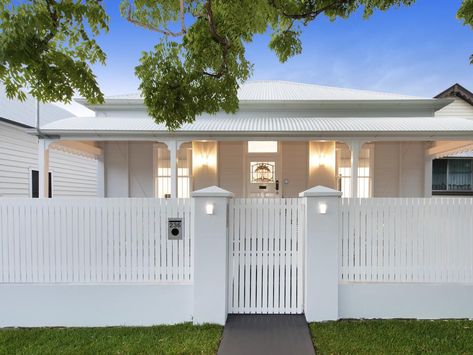 Front Verandah, House Fence Design, Front Fence, White Fence, Alfresco Area, Boundary Walls, Farm Cottage, Grey Houses, Old Cottage