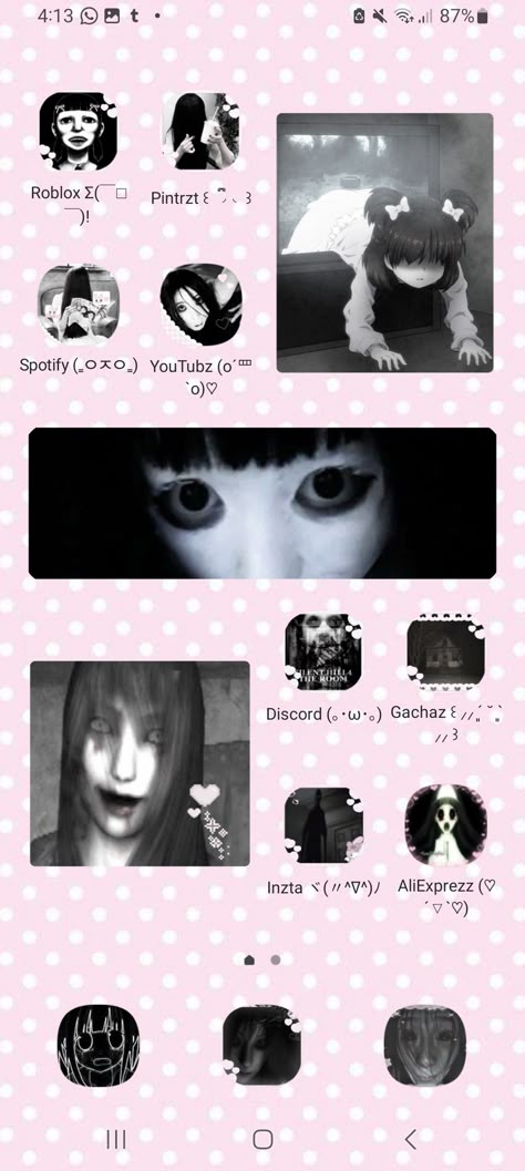 Creepy Kawaii Wallpaper, Pastel Goth Phone Theme, Dreamcore Phone Theme, Creepy Homescreen, Creepy Cute Wallpaper Iphone, Cutecore Homescreen Layout, Goth Ios Layout, Alt Homescreen, Creepy Widgets