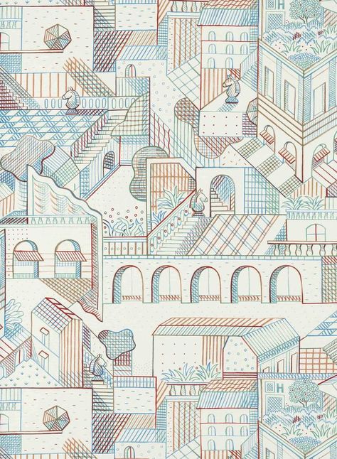 Hermes Illustration, Hermes Wallpaper, Cavaliers Wallpaper, Architectural Wallpaper, Fabric Architecture, Architectural Painting, Store Wallpaper, Wallpaper Store, New Wallpapers