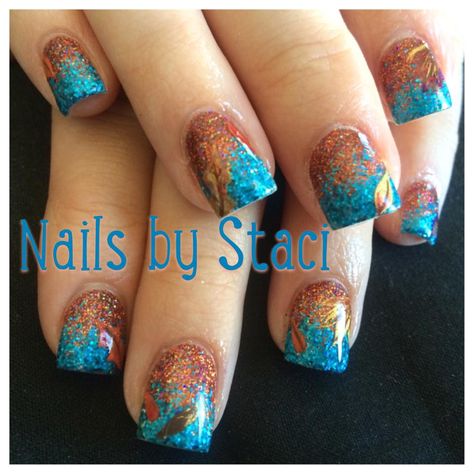 teal and brown fall nails Teal And Rust Nails, Copper And Teal Nails, Teal Fall Nails, Bronze Nails, Teal Nails, Turquoise Nails, Sns Nails, Brown Fall, Red Turquoise