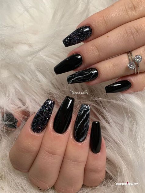 Black Marble Nails, Nails With Glitter, Silver Glitter Nails, Black Acrylic Nails, Gold Glitter Nails, Winter Nails Acrylic, Fall Acrylic Nails, Black Nail Designs, Silver Nails