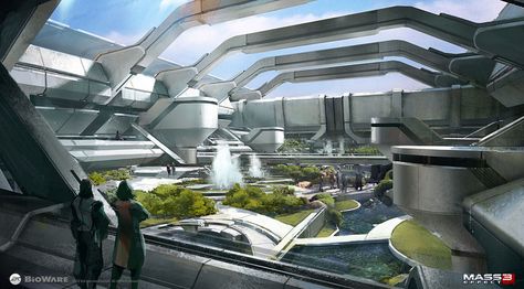 I love the balance between plants and normal, even though it is from Sanctuary on Mass Effect 3 Brian Sum, Scifi Interior, Sci Fi Building, Sci Fi Architecture, Futuristic Cities, Spaceship Interior, Sci Fi City, Sci Fi Environment, Futuristic Interior