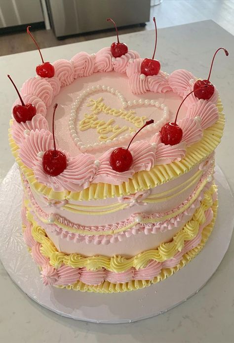 47 Buttercream Cake Ideas for Every Celebration : Pink Disco Cake for 23th Birthday Yellow And Pink Birthday Cake, Cake Ideas Two Tier, Yellow Buttercream Cake, Pink Disco Cake, Yellow Vintage Cake, Light Yellow Cake, Buttercream Cake Ideas, Pink And Yellow Cake, Naked Birthday Cake