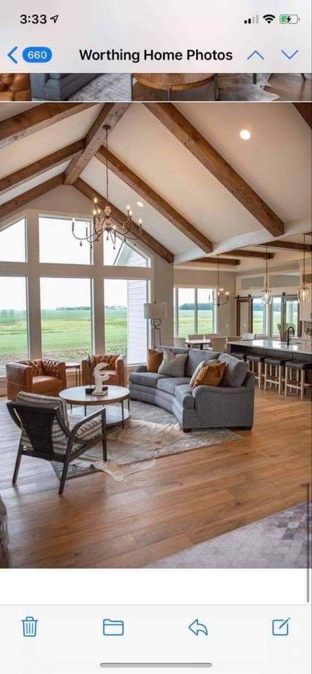 Vaulted Ceiling With Beans, Vaulted Ceiling Sunroom Exposed Beams, How To Create Vaulted Ceilings, Open Concept Kitchen Living Room With Vaulted Ceiling, Tiny Home Vaulted Ceiling, Windows With Vaulted Ceiling, Great Room Peaked Ceiling, Living Room Huge Windows, Vaulted Ceiling Exterior