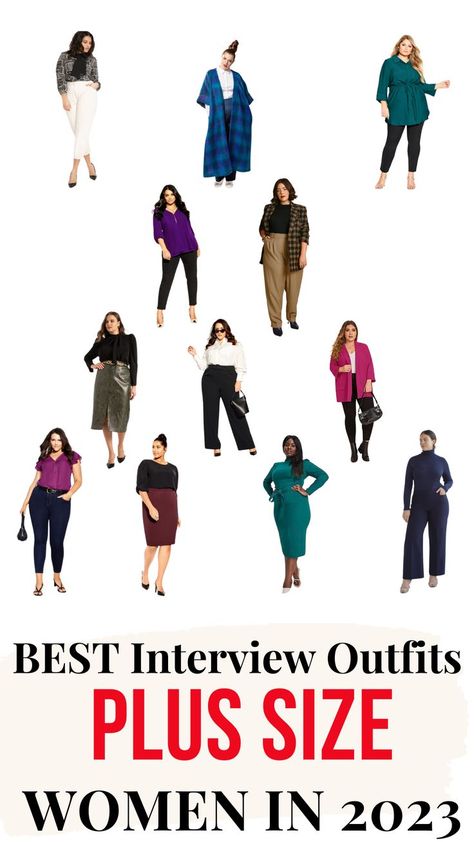 Collage of interview outfits for plus size women. Text on image says "Best Interview Outfits Plus Size Women in 2023" Womens Interview Outfit, Business Casual Interview Outfit Woman, Professional Interview Outfits Women, Professional Outfits Women Plus Size, Casual Interview Outfits Women, Best Interview Outfits, Interview Outfit Professional, Interview Outfit Casual, Outfits For Plus Size Women