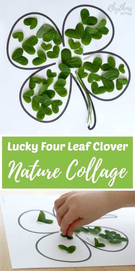 Easy Saint Patrick's day art craft! Making a lucky four leaf clover nature collage is a fun spring art project for kids. Can't find a lucky four leaf clover? Make one! A DIY fine motor activity and green craft idea for toddlers, preschoolers, Kindergarteners, and Elementary school kids! Clover Activities Preschool, Green Day Activity For Preschool, Green Activities For Toddlers, Green Day Activities For Kindergarten, Clover Craft, Green Crafts, Collage Nature, Saint Patricks Day Art, Lucky Four Leaf Clover