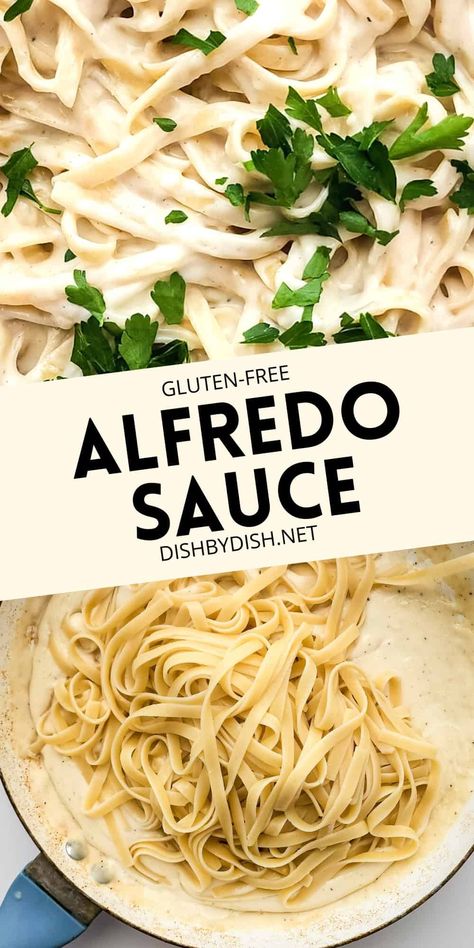 Creamy, rich and comforting, this homemade gluten-free alfredo sauce is really easy to prepare and is perfect for cooking fettuccine alfredo right at home. You can also make this dairy-free with a few substitutes. Go make a big batch of this sauce and enjoy! Gluten Free Alfredo, Fettuccine Sauce, Gluten Free Alfredo Sauce, Dairy Free Alfredo Sauce, Homemade Fettuccine, Fettuccine Recipes, Homemade Alfredo, Alfredo Sauce Recipe, Egg Free Recipes