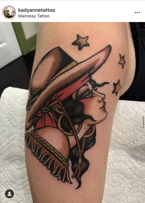 Traditional Style Cowboy Tattoo, Womens American Traditional Sleeve, Traditional Cowgirl Head Tattoo, Neotraditional Cowgirl Tattoo, Traditional Style Western Tattoo, American Traditional Tattoos Bicep, Trad Cowgirl Tattoo, American Tradition Tattoos For Women, Cowgirl Face Tattoo