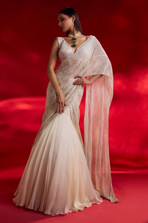 Ivory pre-draped organza lehenga saree Pearl Embroidery Lehenga, Saree Work Design Embroidery, Indo Western Outfits Wedding, Drape Saree Indo Western, Pearl Lehenga, Draped Lehenga, Choli Style, Ivory Saree, Lehenga Designs Latest