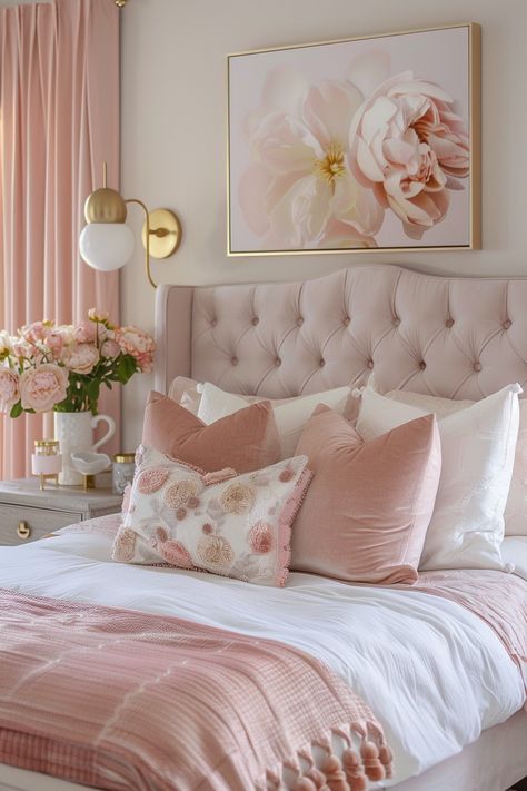 Gold White Pink Bedroom, White Pink Bedroom, Pink And Gold Bedroom, Girly Pink Bedroom, Pink Bedroom Walls, Pink Headboard, Pink Bedroom Design, Glam Bedroom Decor, Romantic Artwork