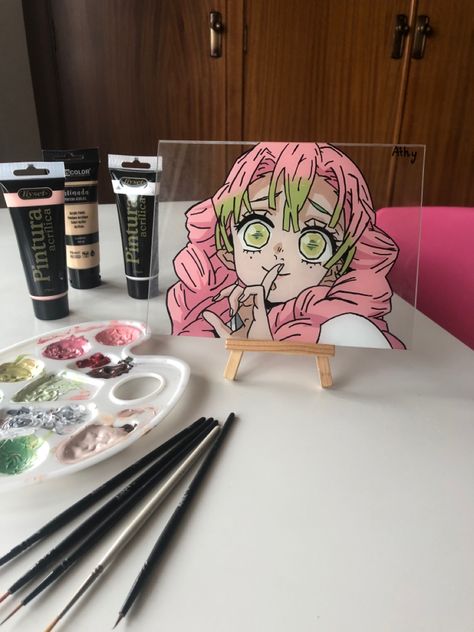 Mitsuri Glass Painting, Anime Glass Painting Demon Slayer, Glass Painting Demon Slayer, Demon Slayer Acrylic Painting, Aesthetic Glass Painting, Painting On Glass Frame, Demon Slayer Diy, Demon Slayer Canvas, Demon Slayer Painting