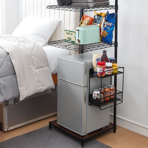 Features: Versatile shelving unit to maximize space in college dorm rooms, office breakrooms, and small kitchens Strong magnets on the back adhere shelves to your refrigerator, freezer, or compact mini fridge Bottom shelf slides out for quick and easy… Mini Fridge In Bedroom, Boys Dorm Room, Sliding Shelf, College Dorm Room Inspiration, Dorm Room Styles, Dream Dorm, College Dorm Room Essentials, Room Hacks, Sliding Shelves