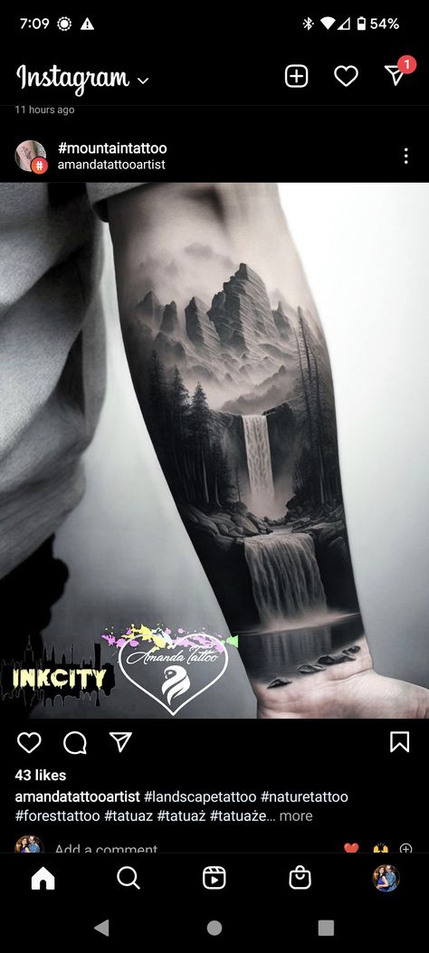 Nature Scene Tattoo Men, Waterfall Sleeve Tattoo, Water Fall Tattoo Design, Forest Waterfall Tattoo, Mountain With Waterfall Tattoo, Mountain And Waterfall Tattoo, Jungle Waterfall Tattoo, Waterfall Tattoos For Women, Beautiful Nature Tattoos