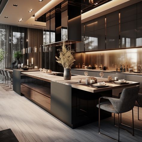 7 Chic Kitchen Cabinet Trends Super Modern Kitchen, Darker Kitchen Ideas, Luxury Mansion Kitchen, Luxury Villa Kitchen, Big Luxury Kitchen, Kitchen Room Designs, Luxury Kitchens Mansions, Penthouse Kitchen, Luxury Kitchen Island