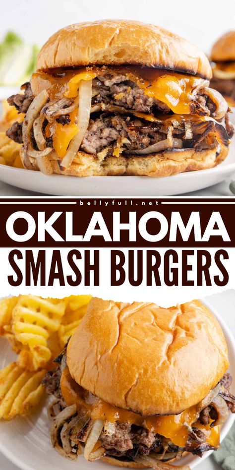 Whip up a delicious meal with this Oklahoma Smash Burgers recipe! An easy meal for Father's day, these burgers feature juicy patties with crisp edges, sliced onions, and melty cheese. Quick to make and incredibly tasty! Bratwurst Smash Burgers, Mississippi Smash Burger, Gluten Free Smash Burgers, Smash Burger With Onions, Smash Burger Onion, Oklahoma Onion Smash Burger, Smash Burger On Stove, Grilled Burgers Recipes Beef, Oklahoma Smash Burger Recipe