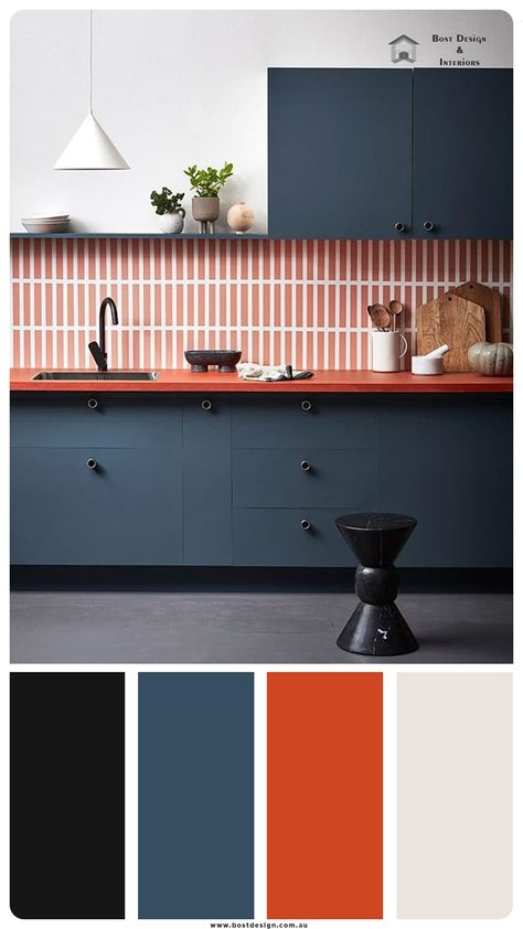 key word = dark blue , orange , black , dark blue kitchen , color palette , kitchen color scheme ideas , color ideas , colors , best colors , kitchen colors ,best kitchen colors Black And Orange Kitchen Ideas, Black Orange Blue Color Palette, Blue Orange Black White Color Palette, Kitchen Colour Pallets, Orange And Blue Kitchen Ideas, Blue Color Palette Kitchen, Blue Orange White Color Palette, Dark Orange Kitchen, Kitchen Colour Schemes Modern