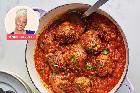 Anne Burrell's Meatballs Have Hundreds of 5-Star Reviews — And They're Worth the Hype Excellent Meatballs Anne Burrell, Carmines Meatballs, Authentic Spaghetti And Meatballs, Best Meatballs For Spaghetti, Mortadella Meatballs, Anne Burrell Meatballs, Meatballs Cooked In Sauce, Italian Meatballs Recipe Authentic, Spaghetti And Meatball Recipes