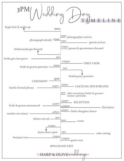 3pm Wedding Day Timeline Samples for first looks! Free wedding day timeline sample printable Wedding Day Timeline For Photographer, 3:30 Ceremony Wedding Timeline, Sample Timeline Wedding, Wedding Day Of Timeline Template, Day Of Timeline Wedding Template, Wedding Timeline For 3pm Ceremony, Wedding Day Timeline 3:30pm Ceremony, Short Wedding Day Timeline, Sample Wedding Day Timeline