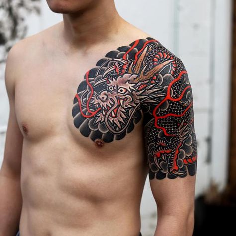 Traditional Japanese Chest Tattoo, Japanese Chest Tattoo, Chest Tattoo Japanese, Panel Tattoo, Tattoo Peito, Japanese Tatto, Japanese Hannya Mask, Japanese Tiger Tattoo, Quarter Sleeve Tattoos