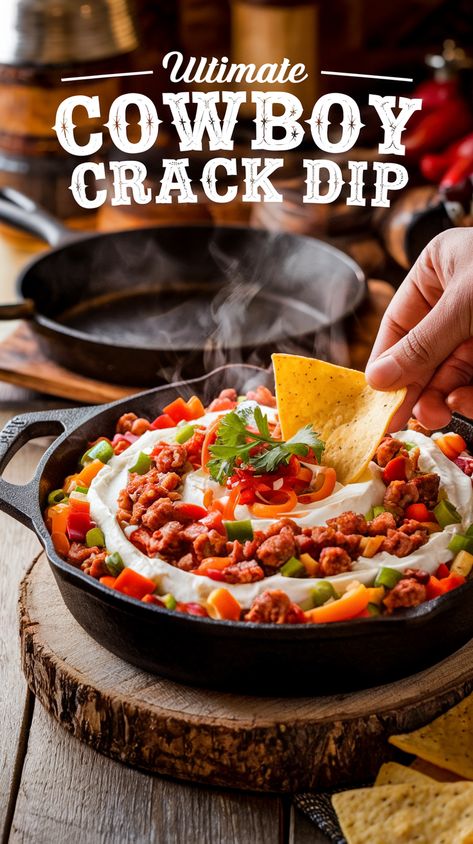 Steaming skillet of Cowboy Crack Dip with melted cheese on rustic table, surrounded by ingredients, under warm lighting with Ultimate Cowboy Crack Dip text overlay. Cheesy Dip, Pot Luck, Spicy Sausage, Healthy Bites, Dip Recipe, Ranch Dressing, Dip Recipes, Easy Snacks, Taste Buds