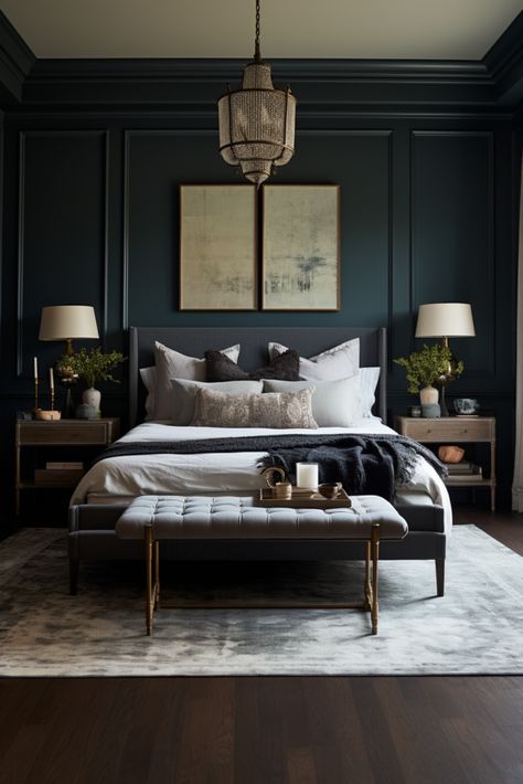 Color Drenching Bedroom Moody, Moody Blue Master, Dark Purple Moody Bedroom, Jewel Tone Room, Moody Bedroom Curtains & Drapes, Moody Jewel Tone, Dark And Moody Bedroom Beds & Frames, Wall Trim Molding, Moody Romantic Bedroom