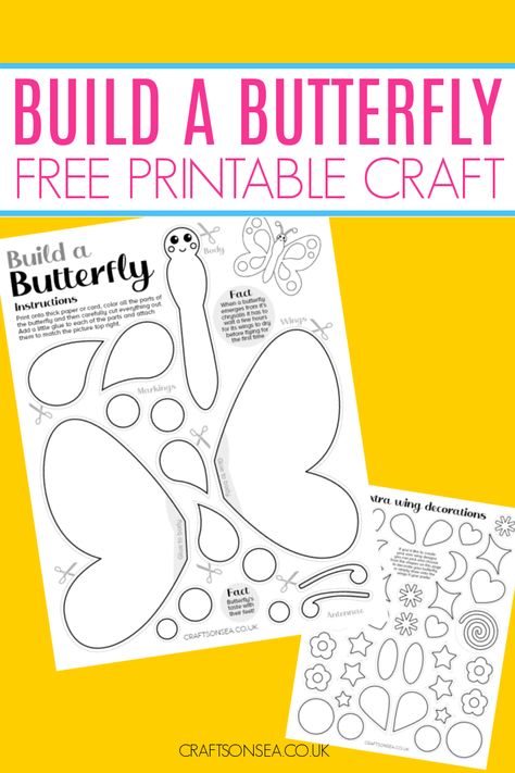 Grab our free printable and build a butterfly craft using paper, colored markers, scissors and glue. Easy, cute and fun to make! Butterfly Crafts Preschool, April Preschool, Learning Folder, Butterflies Activities, Colouring Ideas, Colored Markers, April Crafts, Free Printable Crafts, Butterfly Craft