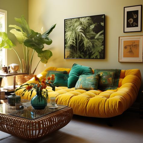 #yellow #livingroom #livingroomdecor #interiordesign #interiordesignideas #green #emerald #pillows #throwpillows #greenery #indoorplantsdecor #wallart #wallartdecor #boho #bohemian #homedecorideas Bohemian Couch Pillows, Groovy Living Room Aesthetic, Emerald Room Aesthetic, Yellow Couch Aesthetic, Green Yellow Living Room, Yellow And Green Living Room, Jewel Tone Decor, Yellow Sofa, Yellow Living Room