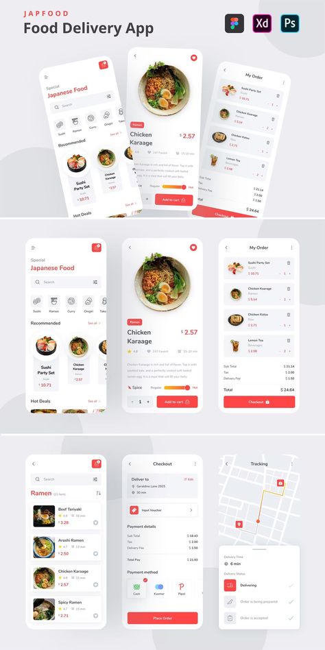 UI templates for food delivery apps available in FIG, XD, and PSD formats with modern designs and user-friendly interfaces. #fooddelivery #uitemplates #FIG #XD #PSD Food Delivery App Ui Design, Food App Ui, Delivery App Ui, Grocery Delivery App, Food Ordering App, Restaurant App, Ux Kits, App Design Layout, Card Ui