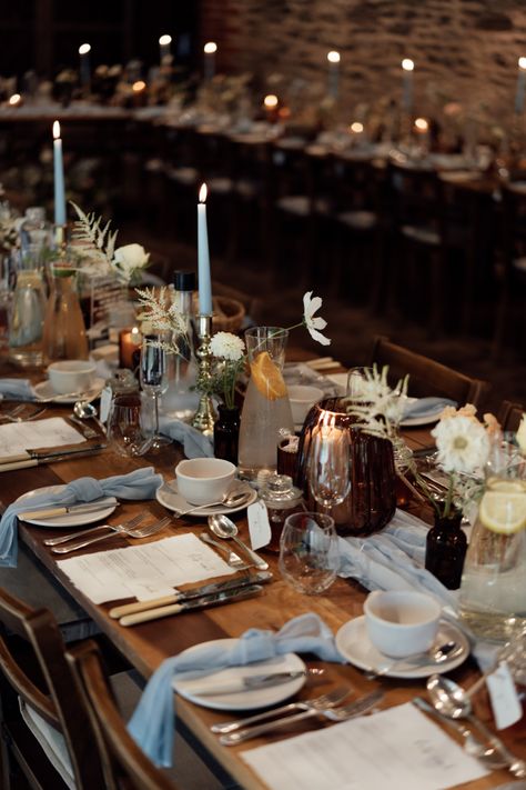 Wedding breakfast set up with soft spring colour palette focusing on cornflower blue with soft pale blue napkins. Vintage inspired amber glass jars and vases throughout the table scape. Amber Glass Wedding, Soft Spring Palette, Cornflower Blue Wedding, Hamptons Wedding, Spring Palette, Soft Spring, Bridal Table, Breakfast Set, Amber Glass Jars