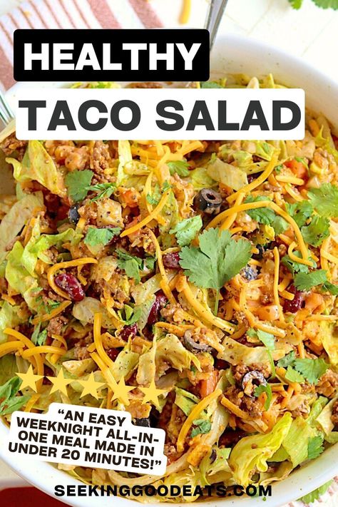 This easy taco salad recipe will be on your table in 20 minutes, making it the perfect meal-in-one to serve for any busy weeknight. You'll love the flavor combination of the taco seasoning and tender ground beef with thousand island dressing, onions, avocado, and olives - with cheese, of course. ;) Adaptions for making this taco salad healthy - gluten free, low carb, keto, and sugar free provided. Enjoy! Taco Salad Thousand Island Dressing, Keto Catalina Taco Salad, Taco Salad With Thousand Island Dressing, Taco Salad Healthy, Best Taco Salad Recipe, Best Taco Salad, Sugar Free Dressing, Healthy Taco Salad, Low Carb Taco Salad