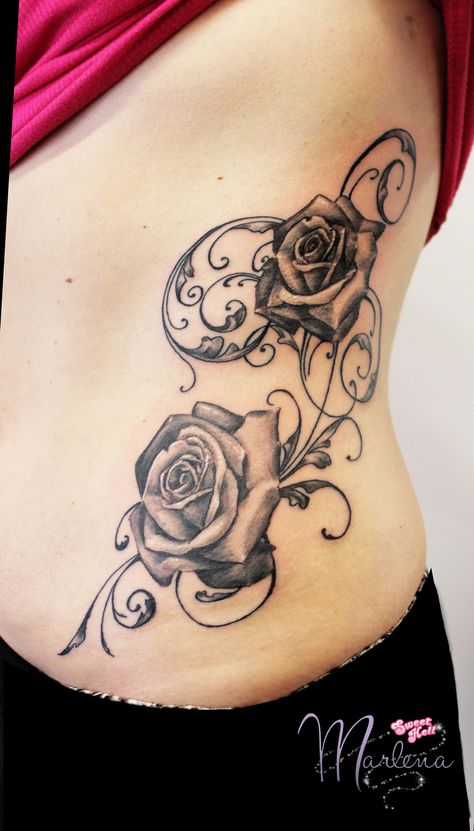 Ribs and side tattoo of black realistic roses and ornaments, decorative and feminine, underlining curve of female body :)  #rosestattoo #roses #feminine #ribs #ornamental Rose Tattoo With Vines, Rose Tattoo Ribs, Side Rib Tattoos Women, Half Mandala Tattoo, Tato Mandala, Tattoo Ribs, Entrepreneur Woman, Black Rose Tattoo, Artist Clothing