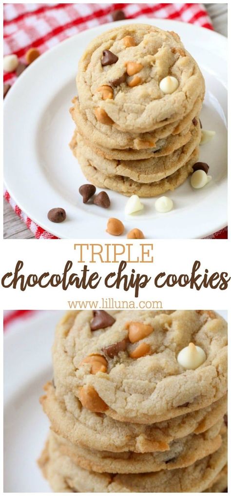 Super soft, delicious, and chewy Triple Chocolate Chip Cookies are a favorite! White, milk chocolate, and butterscotch chips combine to get the best taste. #chewytriplechocolatechipcookies #chocolatechipcookies #triplechocolatechip #cookies #chewycookies Butterscotch Chip Cookies, Culinary Desserts, Triple Chocolate Chip Cookies, Desserts With Chocolate Chips, Milk Chocolate Chip Cookies, Awesome Desserts, Butterscotch Cookies, Biscuit Recipes, White Chocolate Cookies